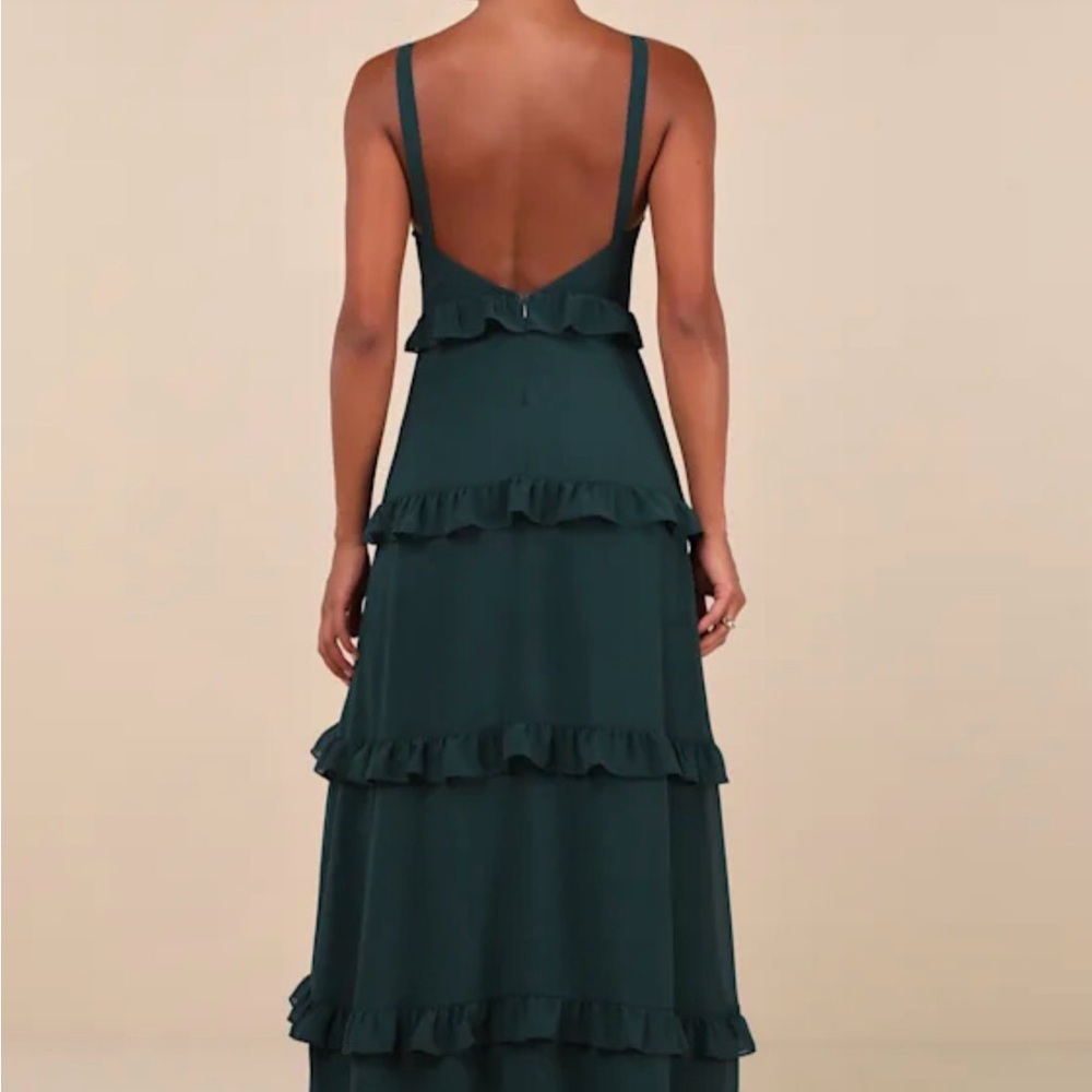 Lulu's Deep Green Ruffle Slit Dress - Picture 3 of 4